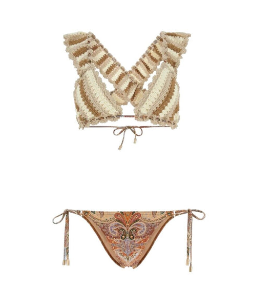 Zimmermann Devi Stripe Crochet Bikini | Beige/Cream, Paisley, Criss Cross Ruffle