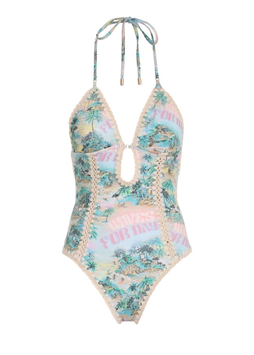 Zimmermann Vacay Keyhole Crochet One Piece |Cotton Trimming, Blue Tropical Print