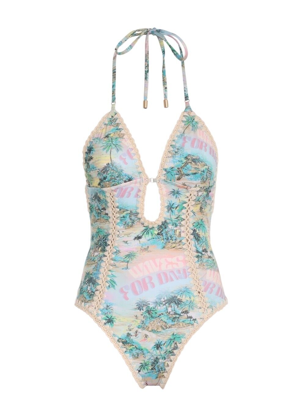 Zimmermann Vacay Keyhole Crochet One Piece |Cotton Trimming, Blue Tropical Print