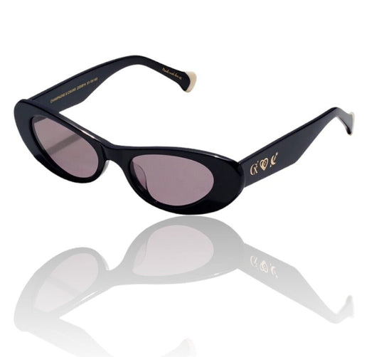 Camilla Champagne & Caviar Sunglasses |  Solid Black, Cats Eye, Hand-Made, Slim