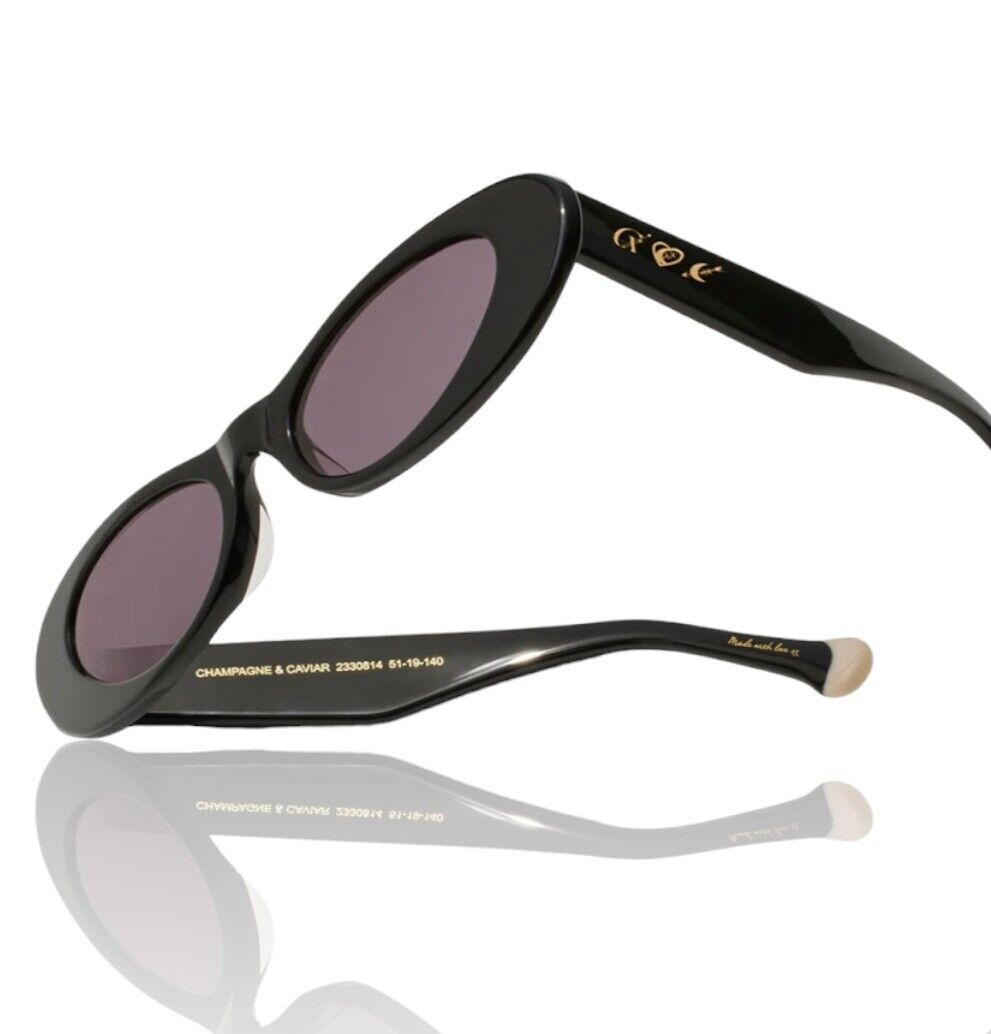 Camilla Champagne & Caviar Sunglasses |  Solid Black, Cats Eye, Hand-Made, Slim