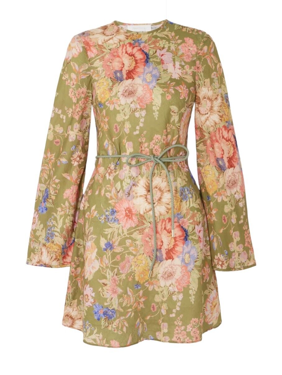 Zimmermann August Bias Mini Dress | Sage/Kahki Floral, Rope Belt, Long Sleeve