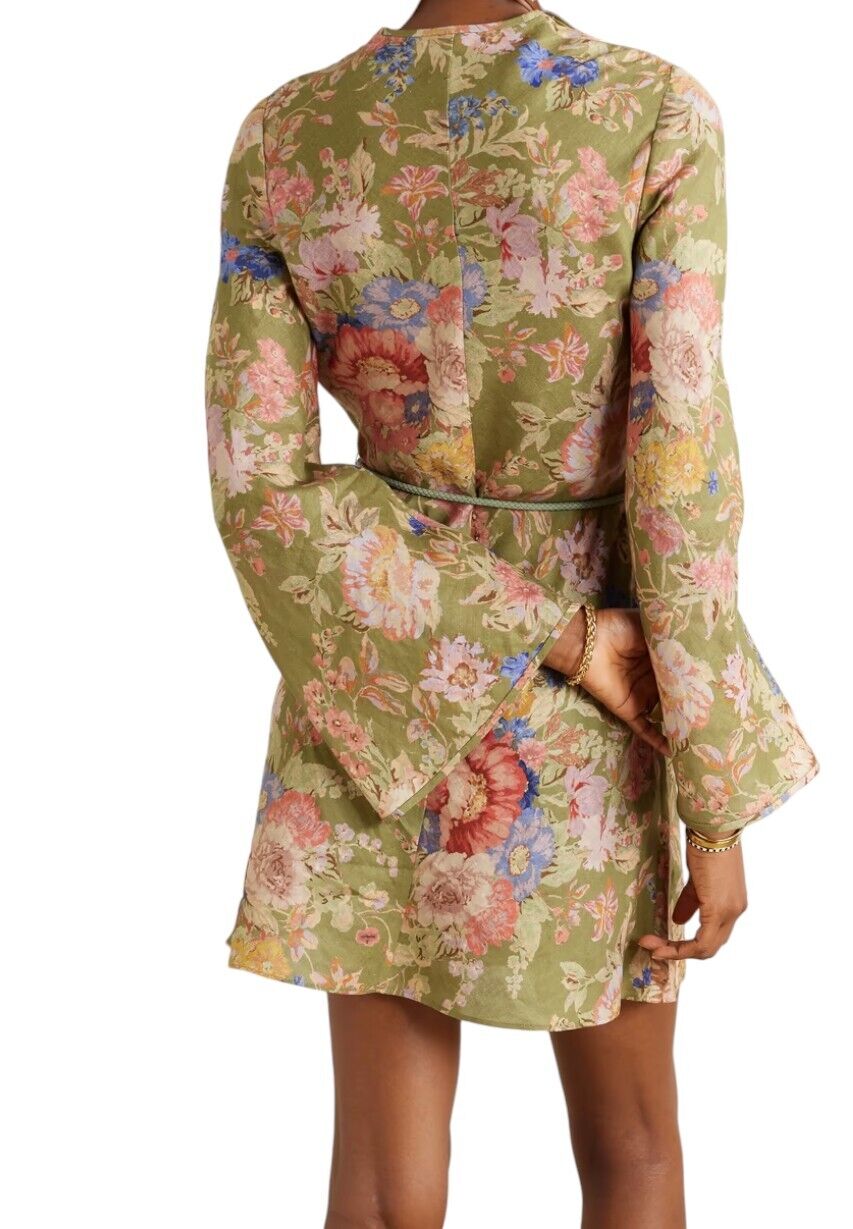 Zimmermann August Bias Mini Dress | Sage/Kahki Floral, Rope Belt, Long Sleeve