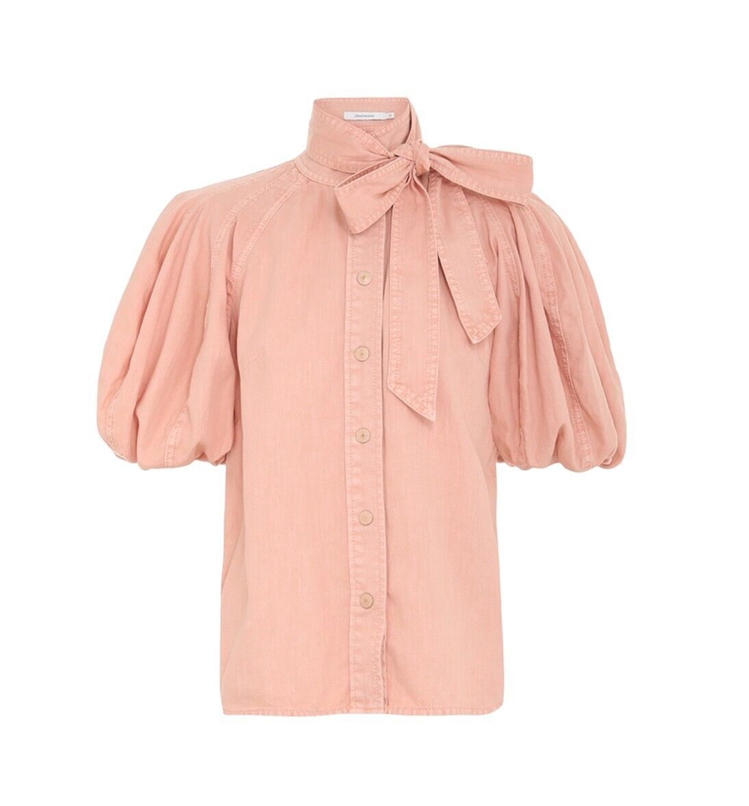 Zimmermann Ginger Lantern Sleeve Shirt |Peach/Pink Denim, Pussy Bow, Puff Sleeve