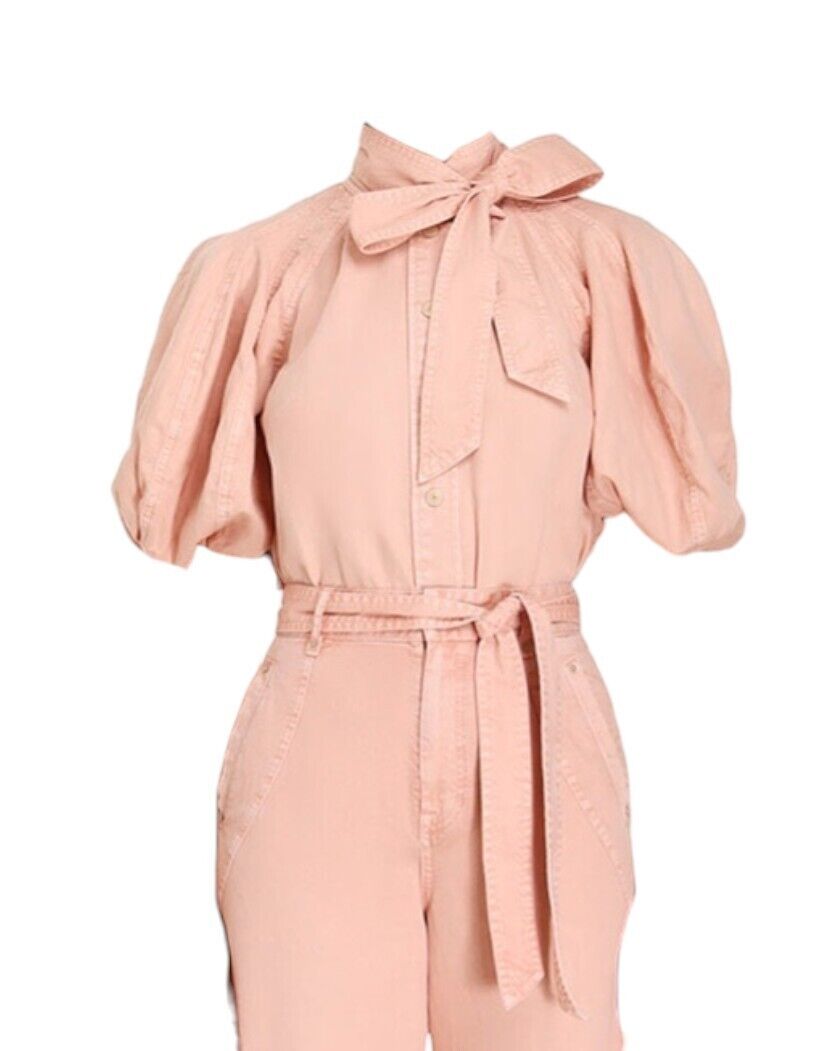 Zimmermann Ginger Lantern Sleeve Shirt |Peach/Pink Denim, Pussy Bow, Puff Sleeve