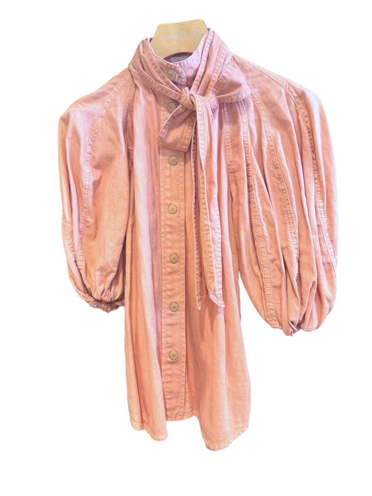 Zimmermann Ginger Lantern Sleeve Shirt |Peach/Pink Denim, Pussy Bow, Puff Sleeve