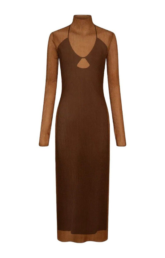 CAMILLA AND MARC Jade Lurex Knit Dress | Bronze, Slip, Sheer, Long Sleeves, Slit