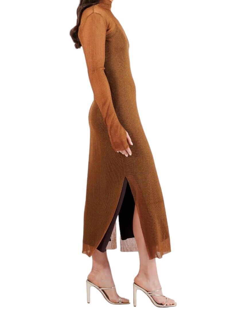 CAMILLA AND MARC Jade Lurex Knit Dress | Bronze, Slip, Sheer, Long Sleeves, Slit