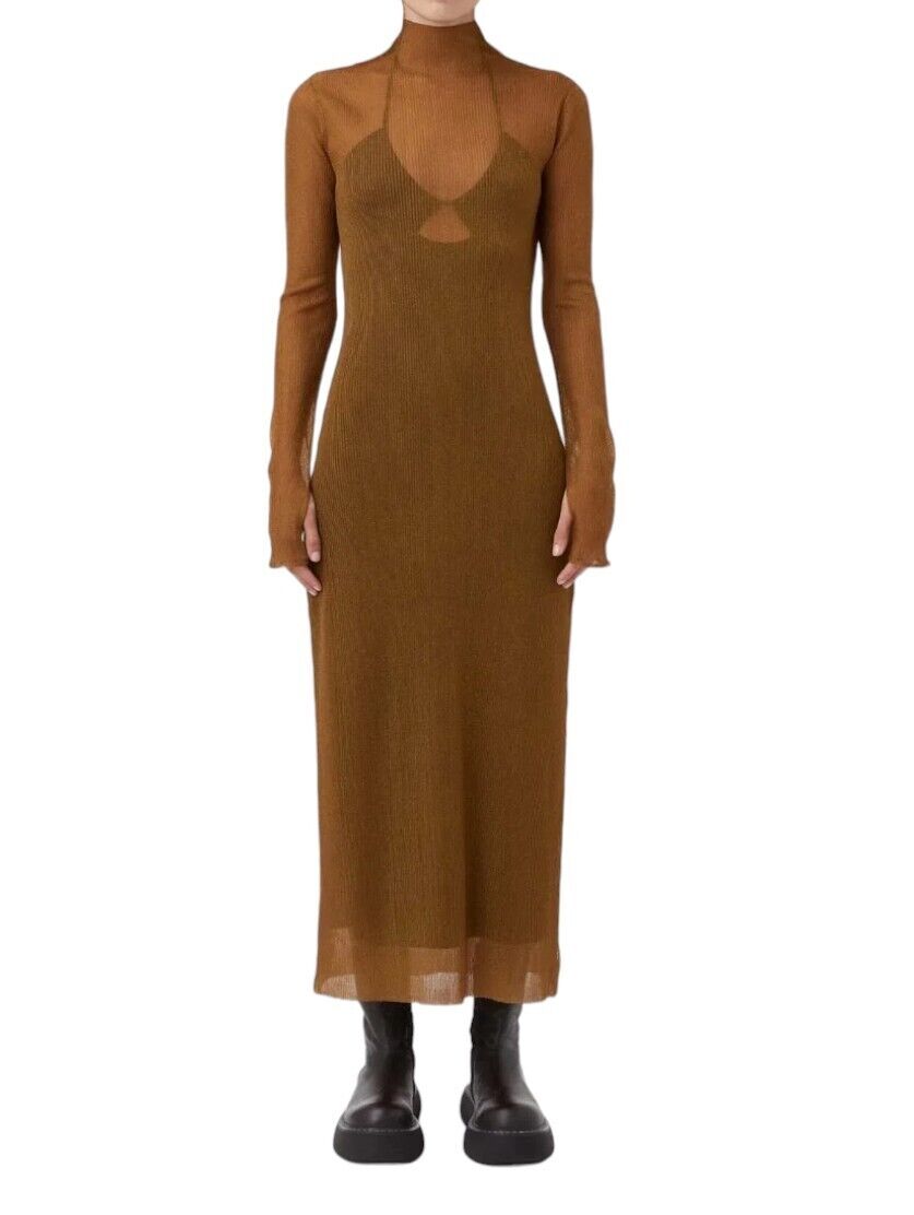 CAMILLA AND MARC Jade Lurex Knit Dress | Bronze, Slip, Sheer, Long Sleeves, Slit