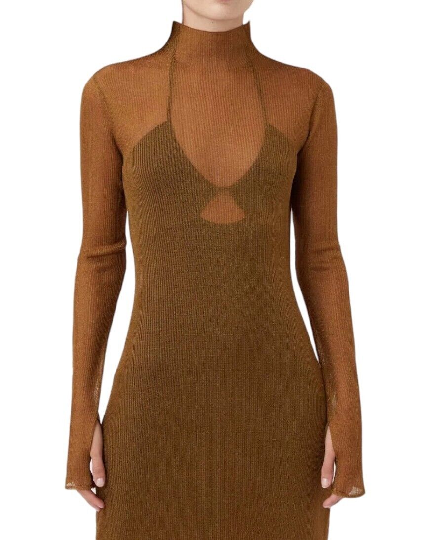 CAMILLA AND MARC Jade Lurex Knit Dress | Bronze, Slip, Sheer, Long Sleeves, Slit