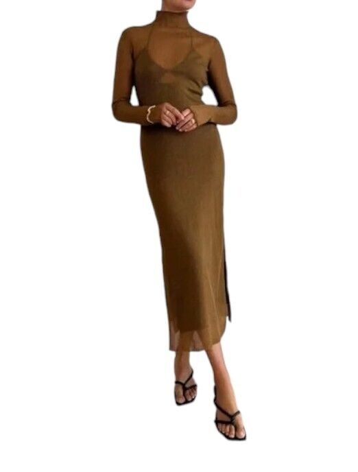 CAMILLA AND MARC Jade Lurex Knit Dress | Bronze, Slip, Sheer, Long Sleeves, Slit