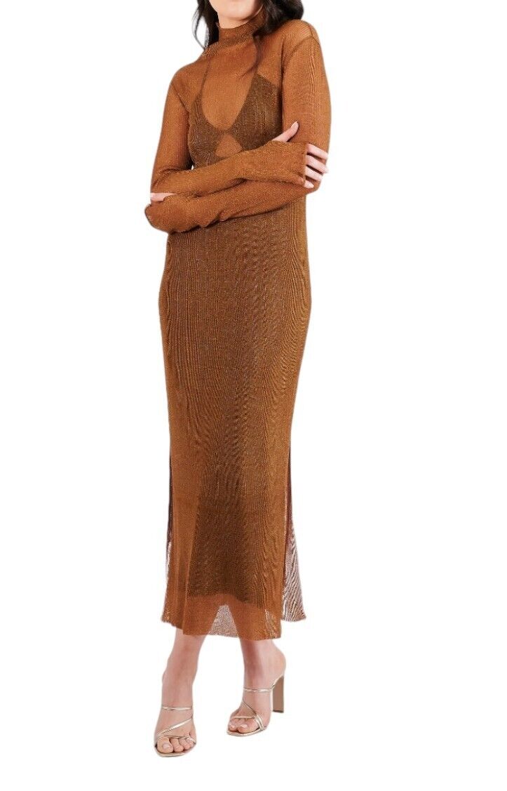 CAMILLA AND MARC Jade Lurex Knit Dress | Bronze, Slip, Sheer, Long Sleeves, Slit