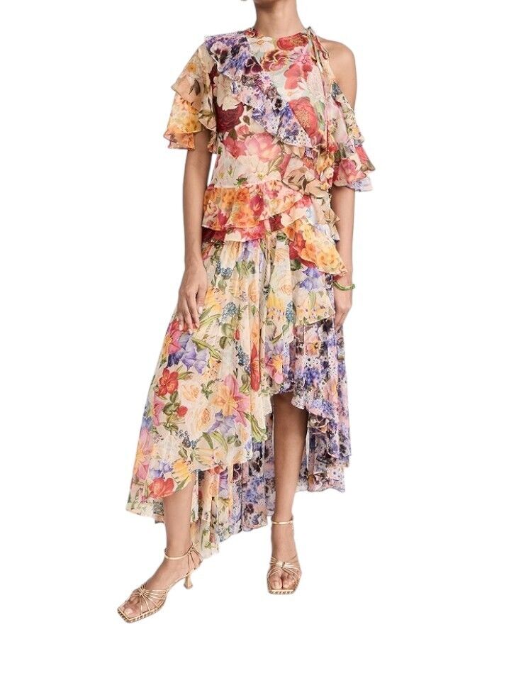 Zimmermann Wonderland Flounce Dress | Spliced Floral, One Shoulder, Asymmetric