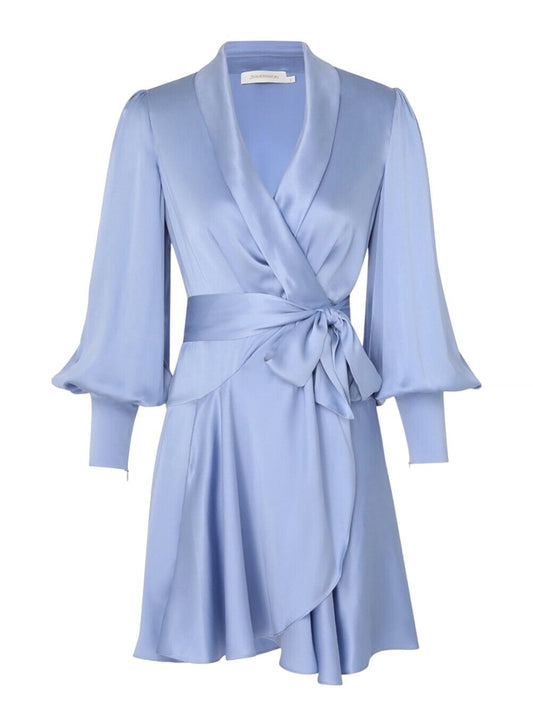 Zimmermann Silk Wrap Mini Dress | Hydrangea / Light Blue, Silk, Cocktail, Dolman