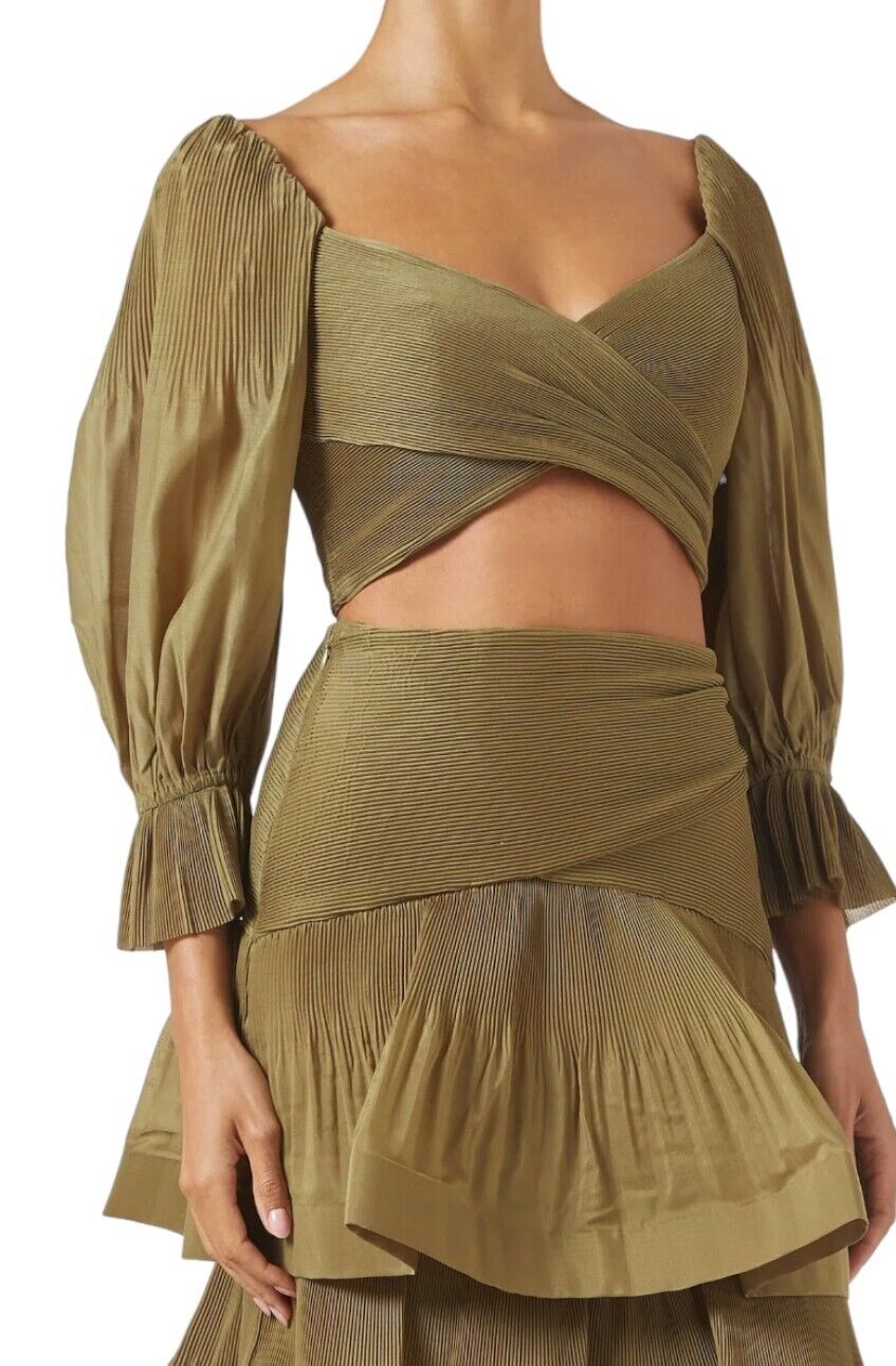 Zimmermann Pleated Bodice | Olive/Khaki Green, Cropped, Plisse, Puff Sleeves