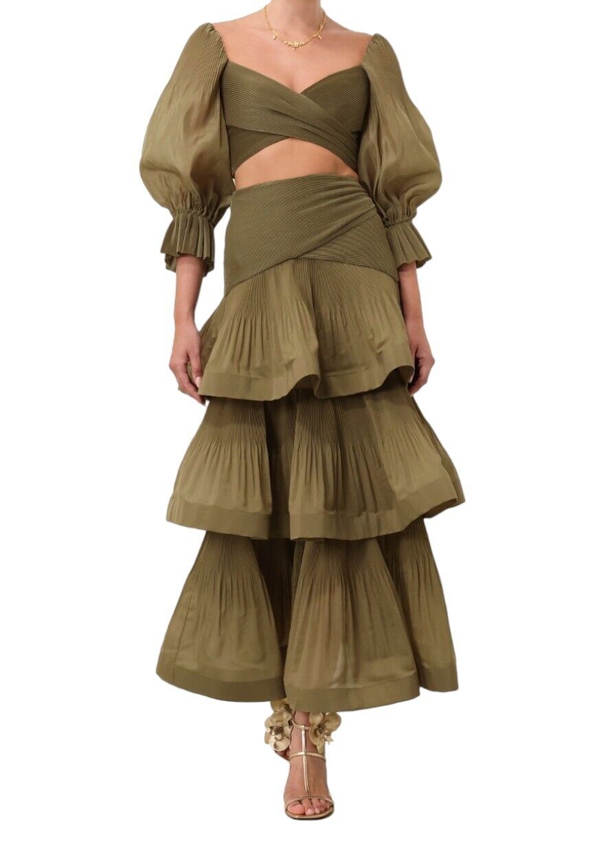 Zimmermann Pleated Bodice | Olive/Khaki Green, Cropped, Plisse, Puff Sleeves