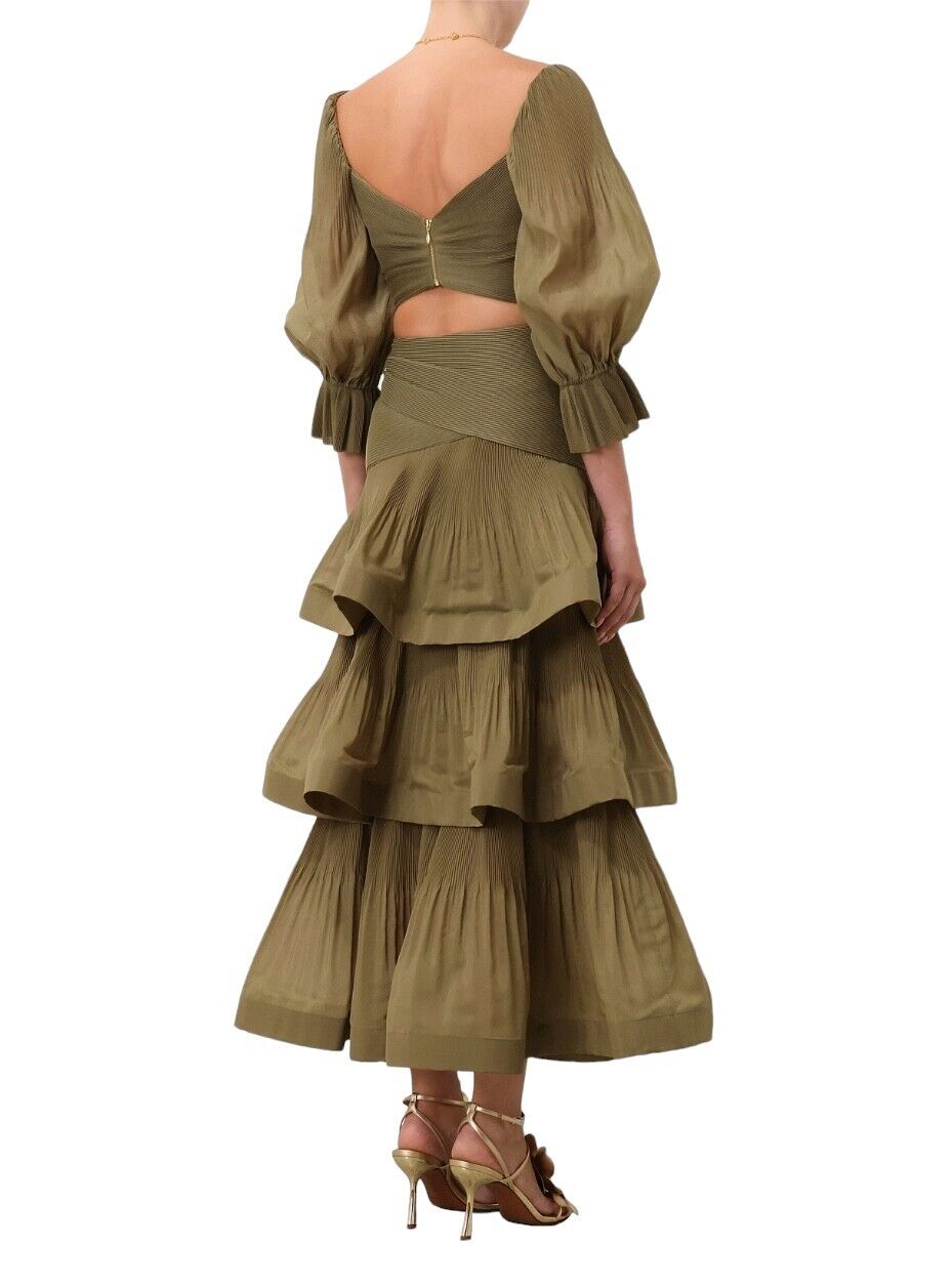 Zimmermann Pleated Bodice | Olive/Khaki Green, Cropped, Plisse, Puff Sleeves