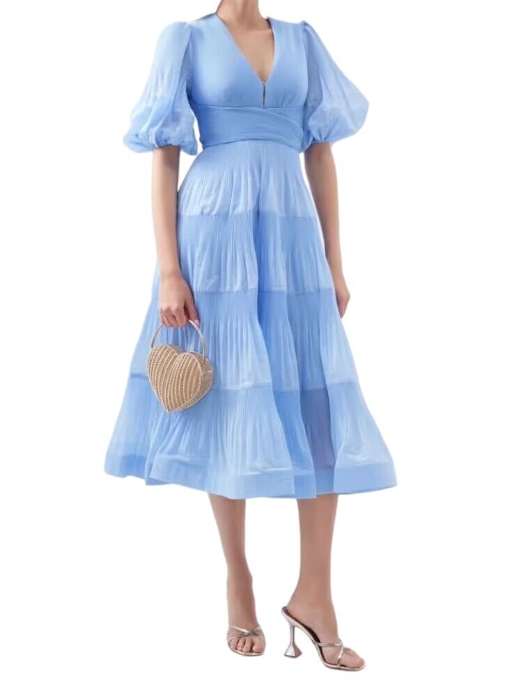 Zimmermann Pleated Midi Dress Plisse Blue Puff Sleeves V Neck – Naked Pear Zimmermann Pleated Midi Dress Plisse Blue Puff Sleeves V Neck – Naked Pear
