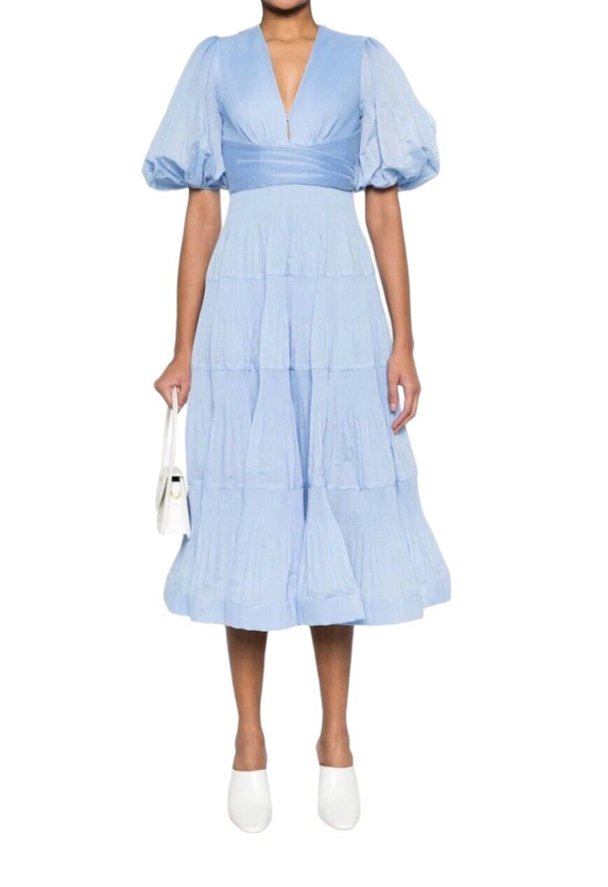 Zimmermann Pleated Midi Dress |Plisse, Baby Blue, Jacaranda, Puff Sleeves, VNeck