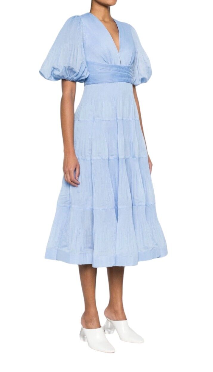 Zimmermann Pleated Midi Dress |Plisse, Baby Blue, Jacaranda, Puff Sleeves, VNeck