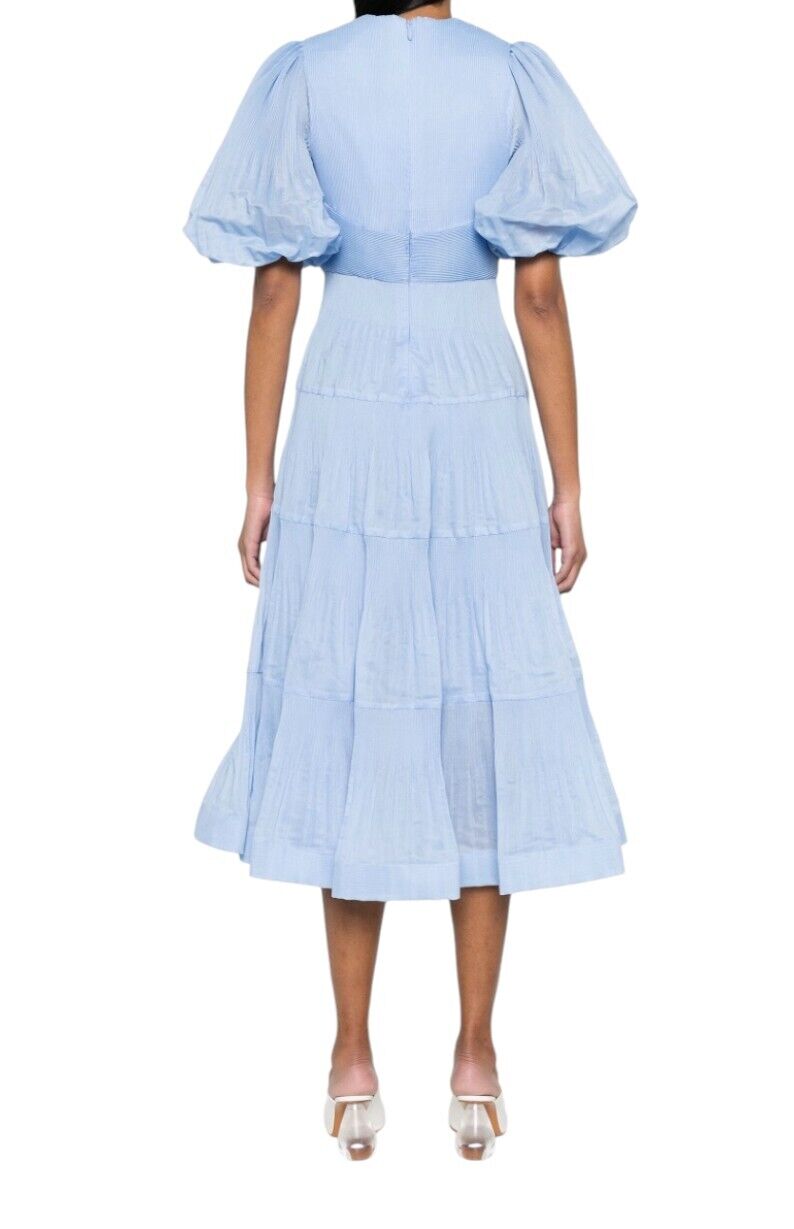 Zimmermann Pleated Midi Dress |Plisse, Baby Blue, Jacaranda, Puff Sleeves, VNeck