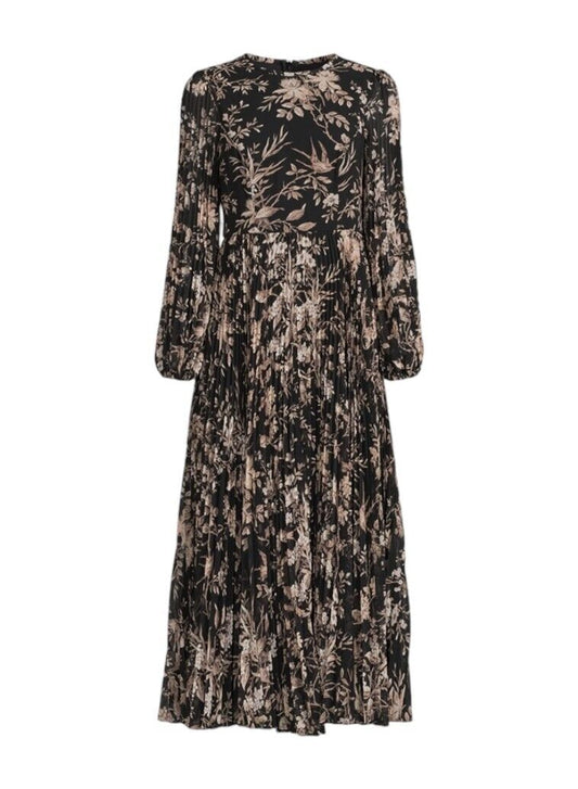 Zimmermann Sunray Long Sleeve Midi Dress |Black Floral Puff Sleeve, Pleat, Belt