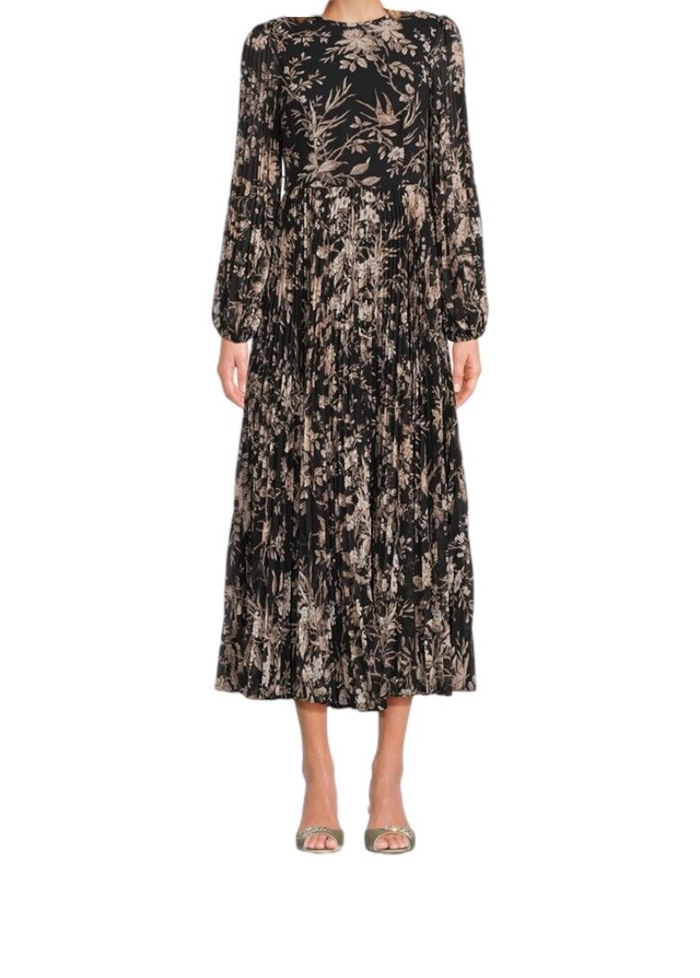 Zimmermann Sunray Long Sleeve Midi Dress |Black Floral Puff Sleeve, Pleat, Belt