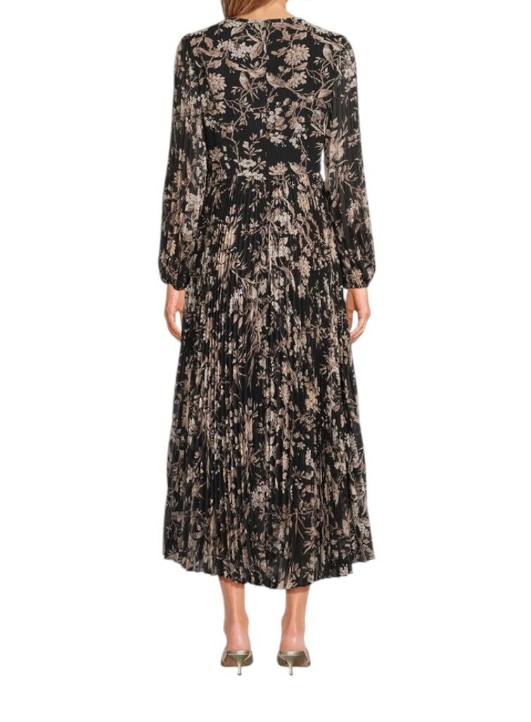 Zimmermann Sunray Long Sleeve Midi Dress |Black Floral Puff Sleeve, Pleat, Belt