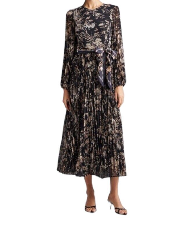 Zimmermann Sunray Long Sleeve Midi Dress |Black Floral Puff Sleeve, Pleat, Belt