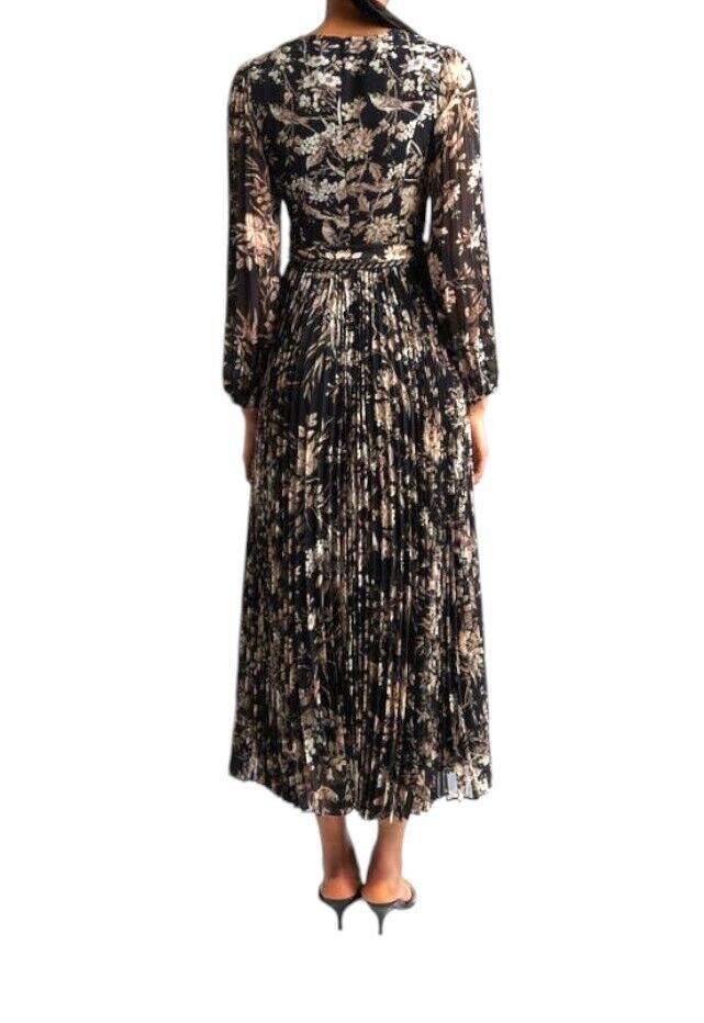 Zimmermann Sunray Long Sleeve Midi Dress |Black Floral Puff Sleeve, Pleat, Belt