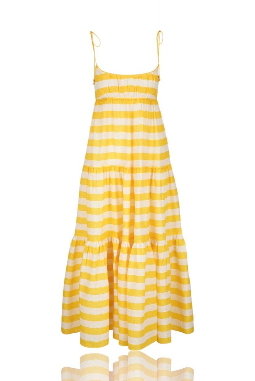 Zimmermann Alight Tie Shoulder Dress | Yellow/White Stripe, Linen, Midi/Maxi