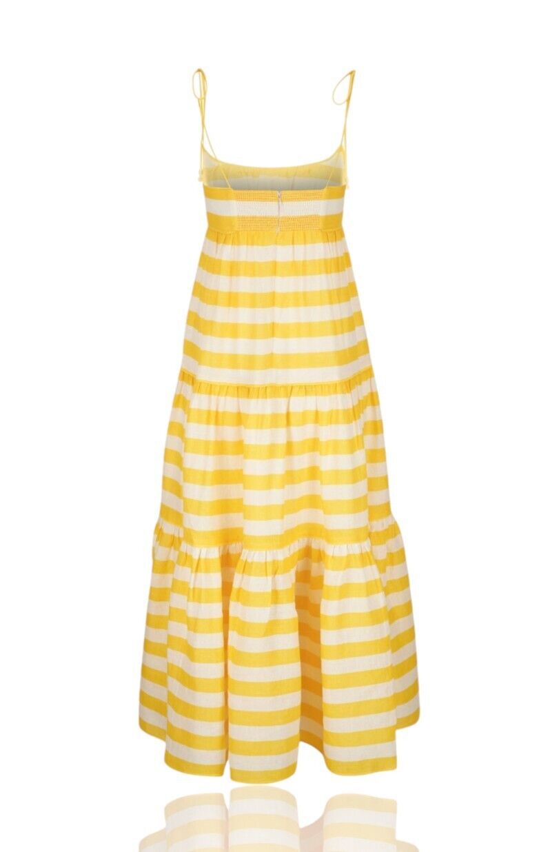 Zimmermann Alight Tie Shoulder Dress | Yellow/White Stripe, Linen, Midi/Maxi