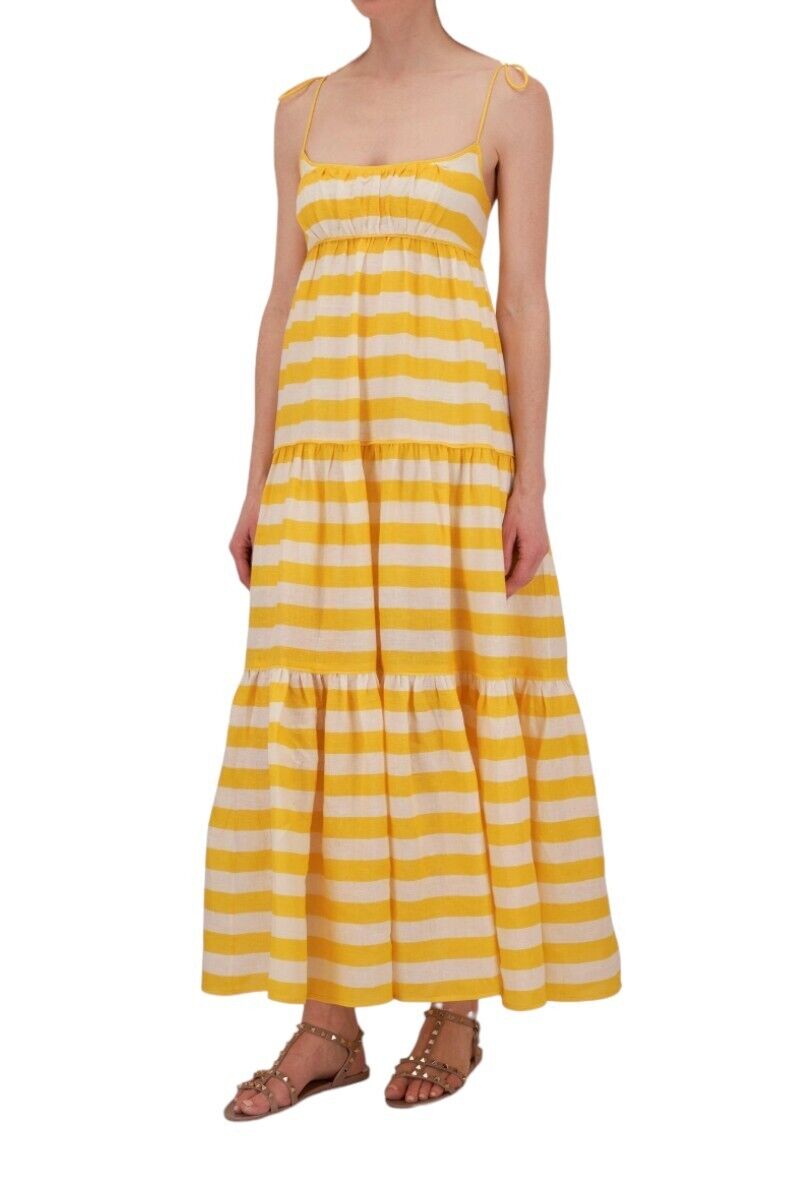 Zimmermann Alight Tie Shoulder Dress | Yellow/White Stripe, Linen, Midi/Maxi