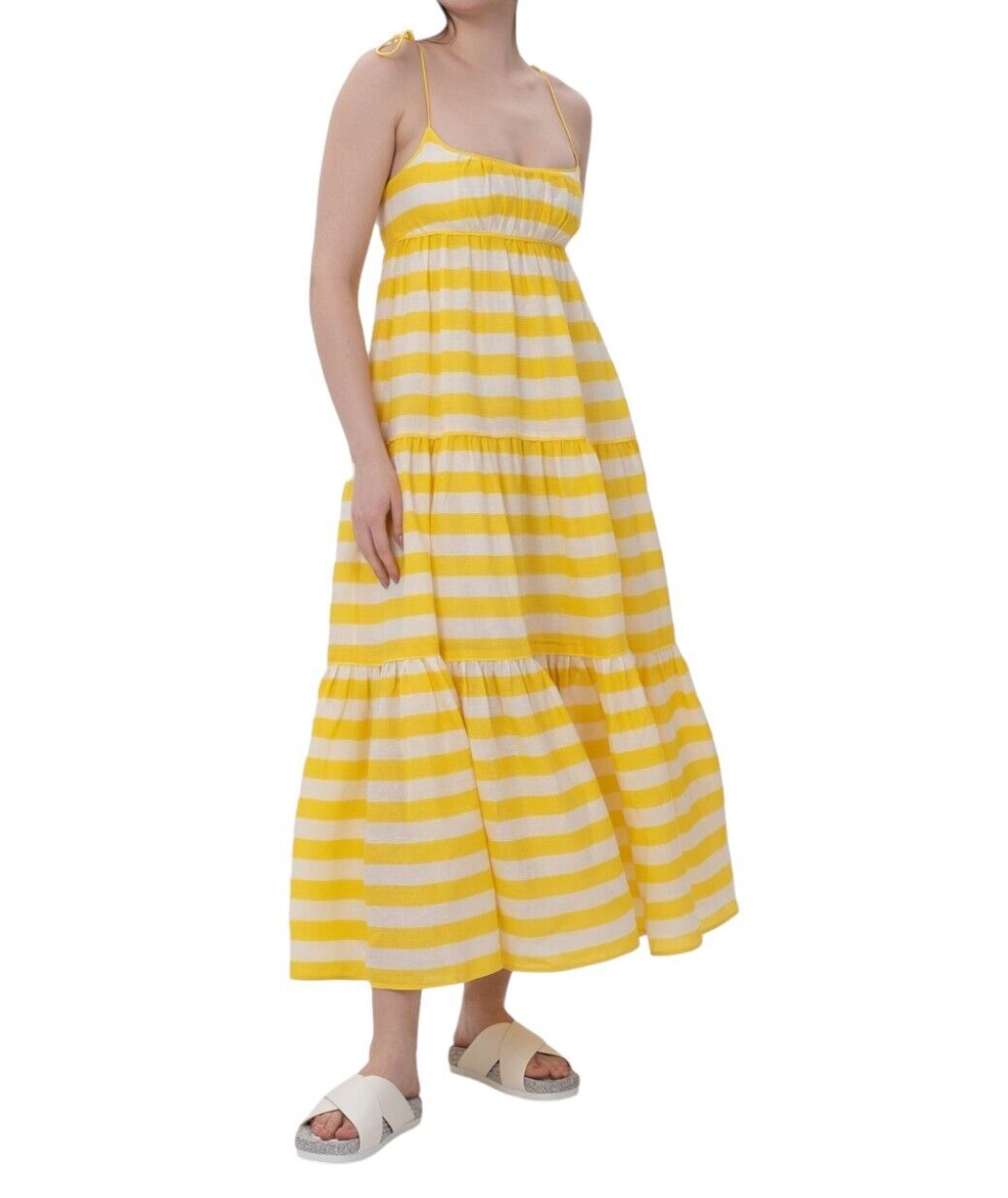 Zimmermann Alight Tie Shoulder Dress | Yellow/White Stripe, Linen, Midi/Maxi