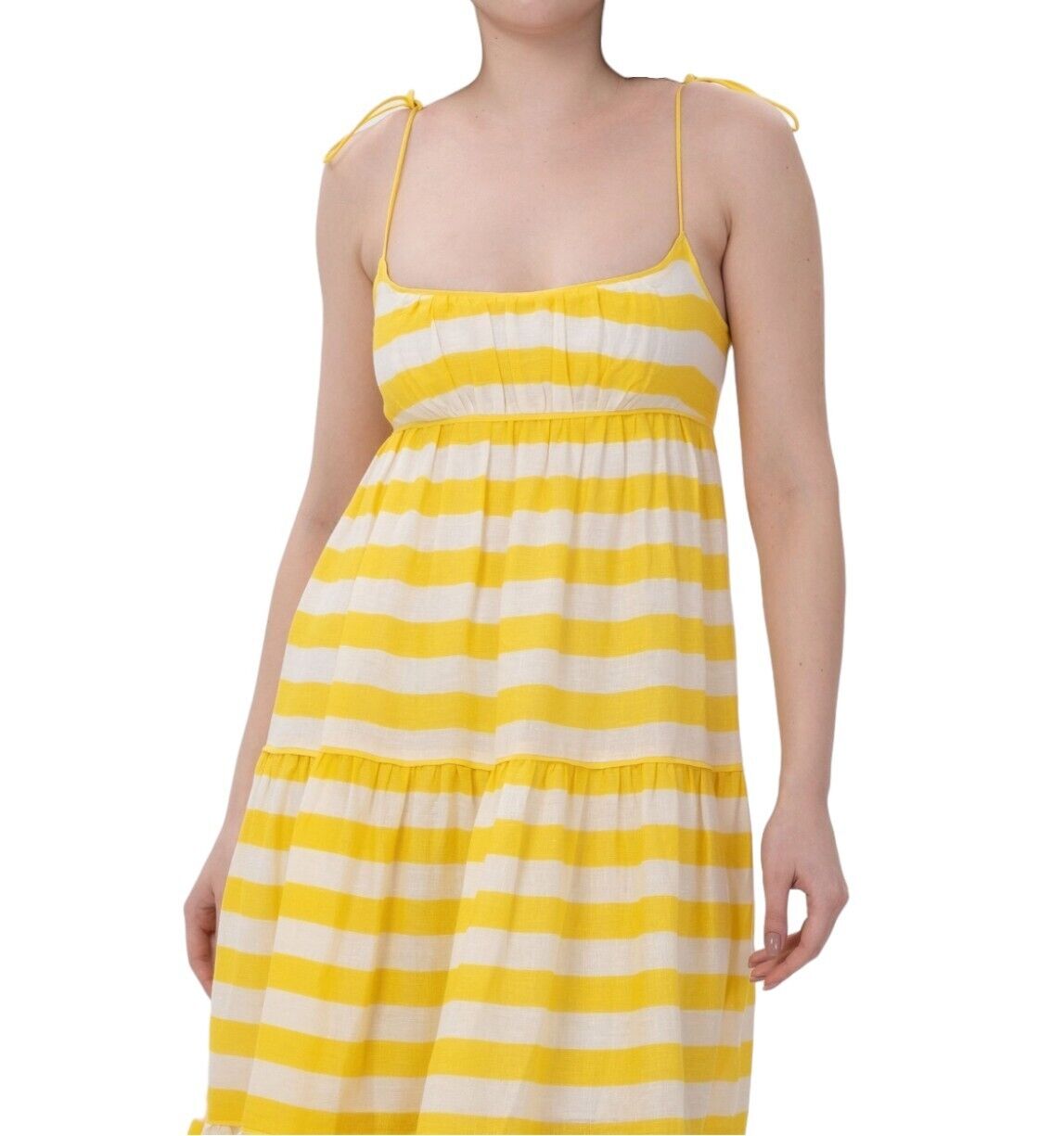 Zimmermann Alight Tie Shoulder Dress | Yellow/White Stripe, Linen, Midi/Maxi