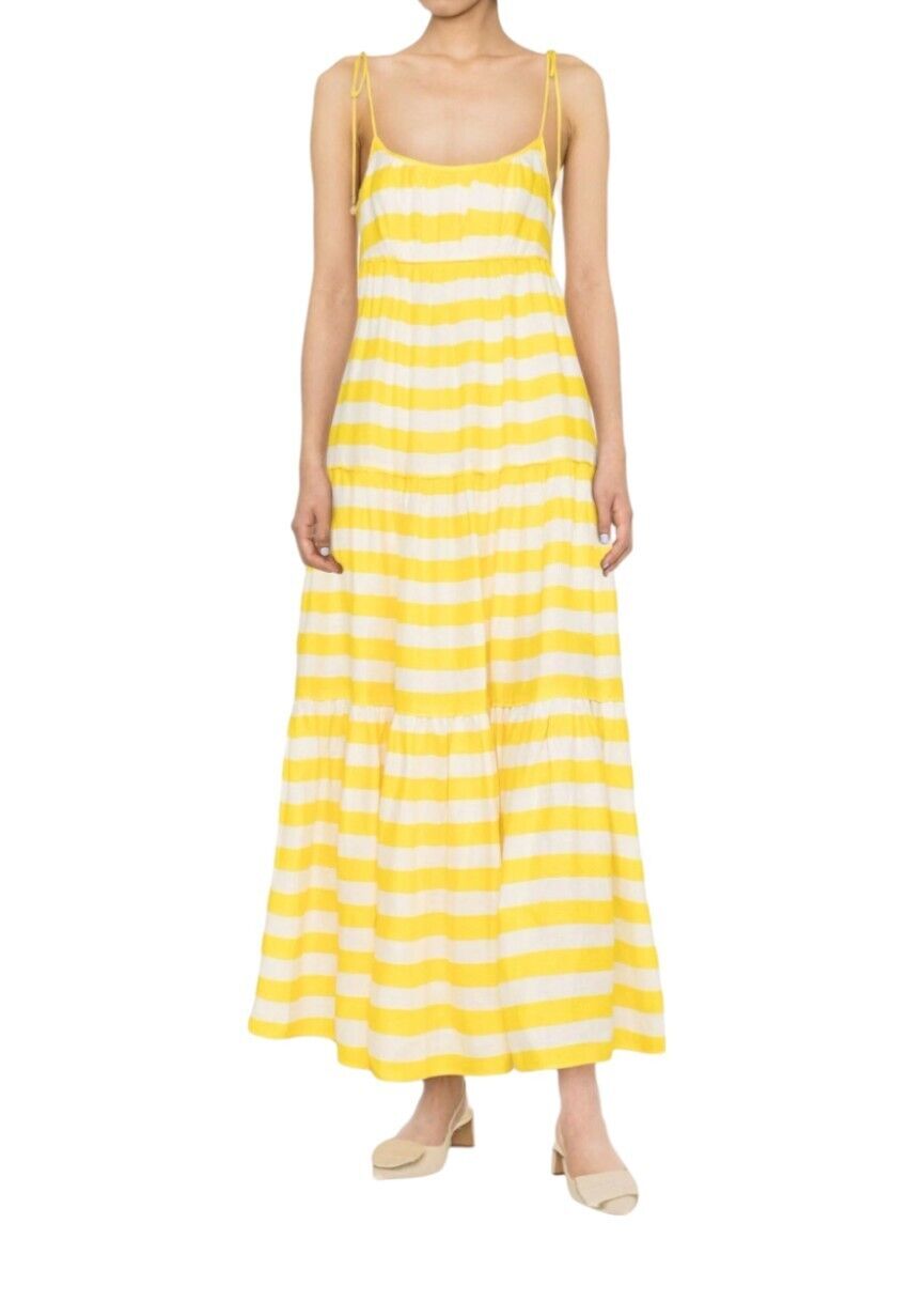 Zimmermann Alight Tie Shoulder Dress | Yellow/White Stripe, Linen, Midi/Maxi