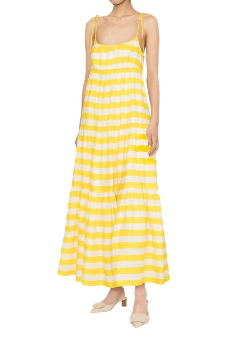 Zimmermann Alight Tie Shoulder Dress | Yellow/White Stripe, Linen, Midi/Maxi