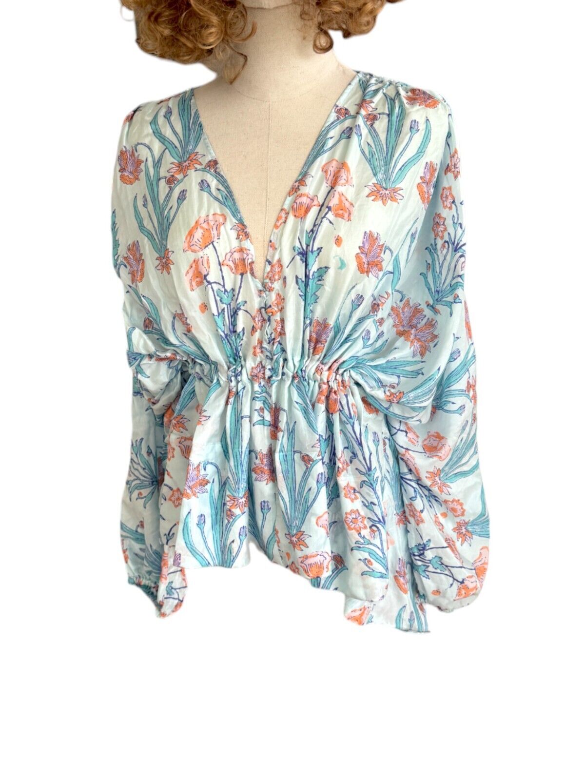 HANNAH ARTWEAR Blue Florence Silk Blouse | Tie Waist, Puff Sleeves, Silk, Floral