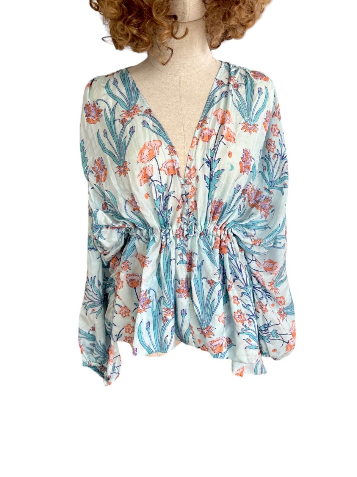 HANNAH ARTWEAR Blue Florence Silk Blouse | Tie Waist, Puff Sleeves, Silk, Floral