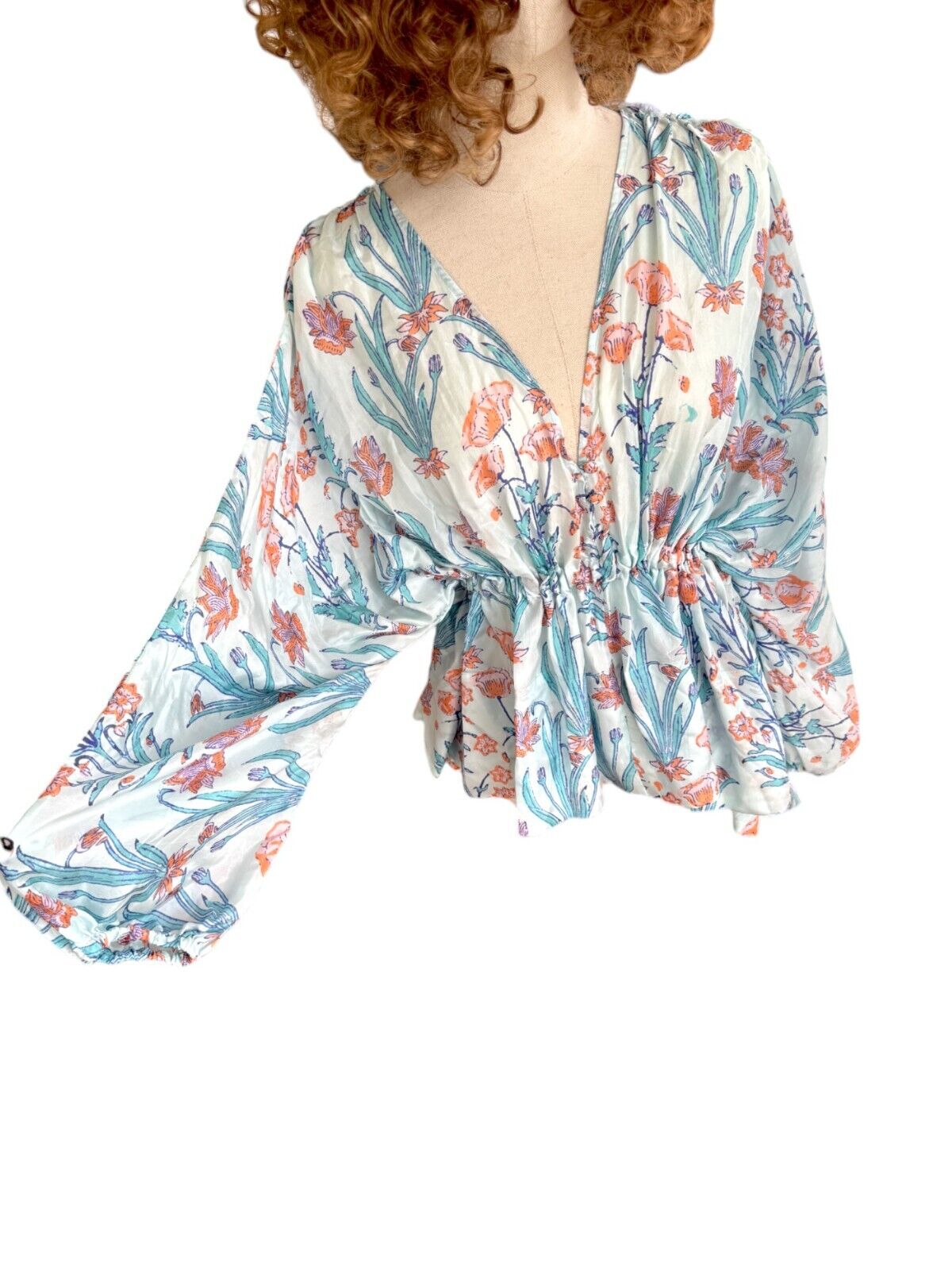 HANNAH ARTWEAR Blue Florence Silk Blouse | Tie Waist, Puff Sleeves, Silk, Floral