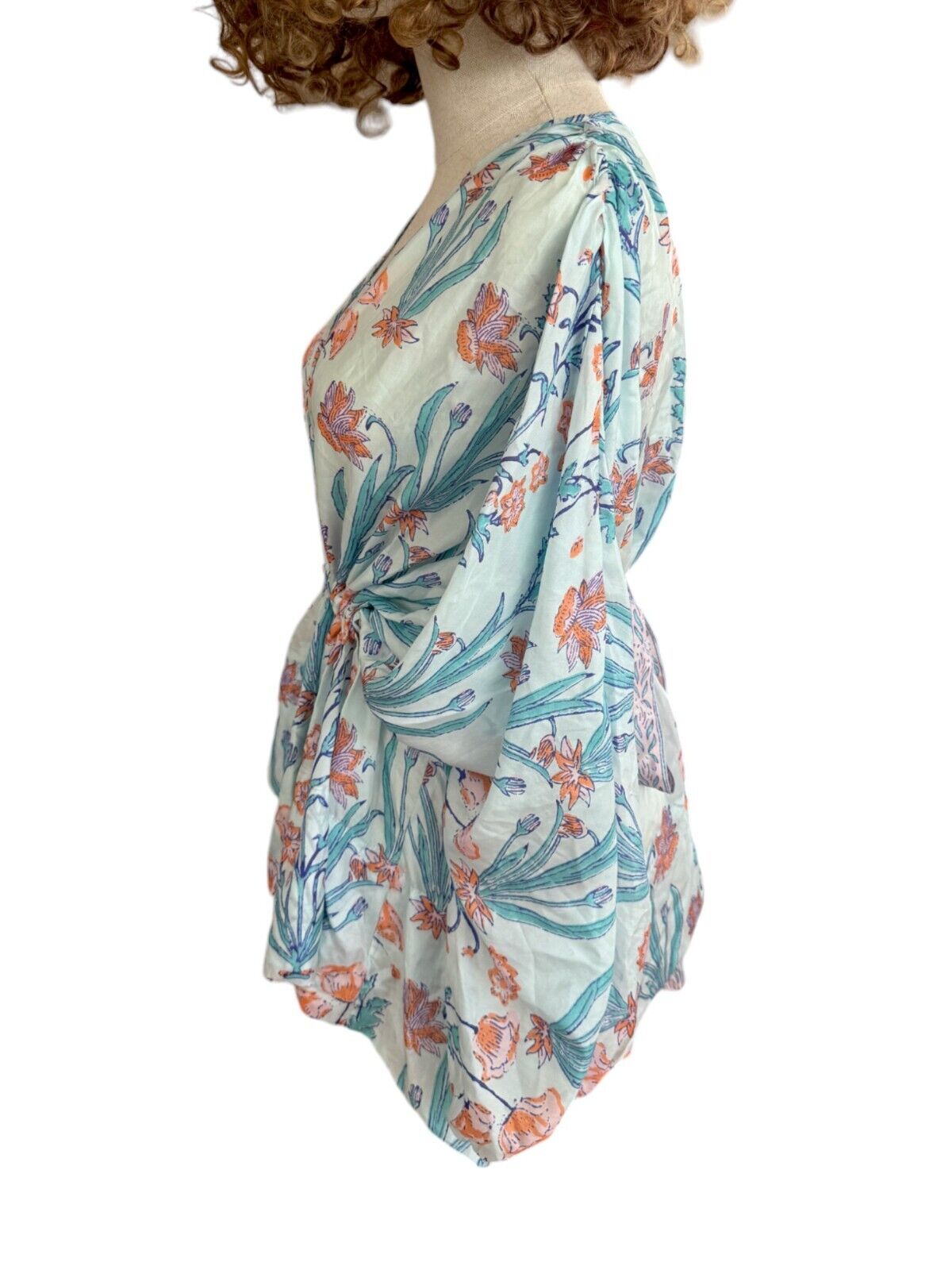 HANNAH ARTWEAR Blue Florence Silk Blouse | Tie Waist, Puff Sleeves, Silk, Floral