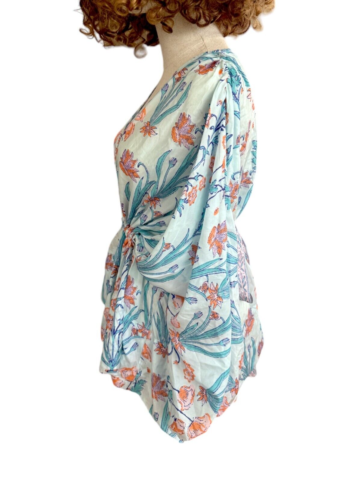 HANNAH ARTWEAR Blue Florence Silk Blouse | Tie Waist, Puff Sleeves, Silk, Floral