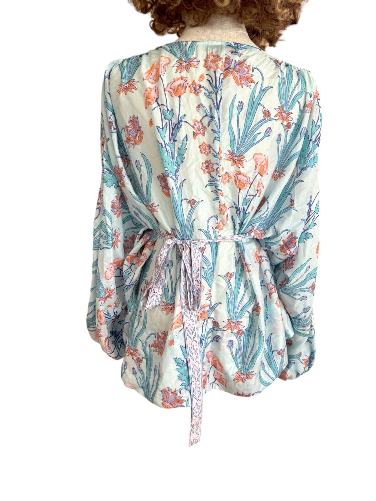 HANNAH ARTWEAR Blue Florence Silk Blouse | Tie Waist, Puff Sleeves, Silk, Floral