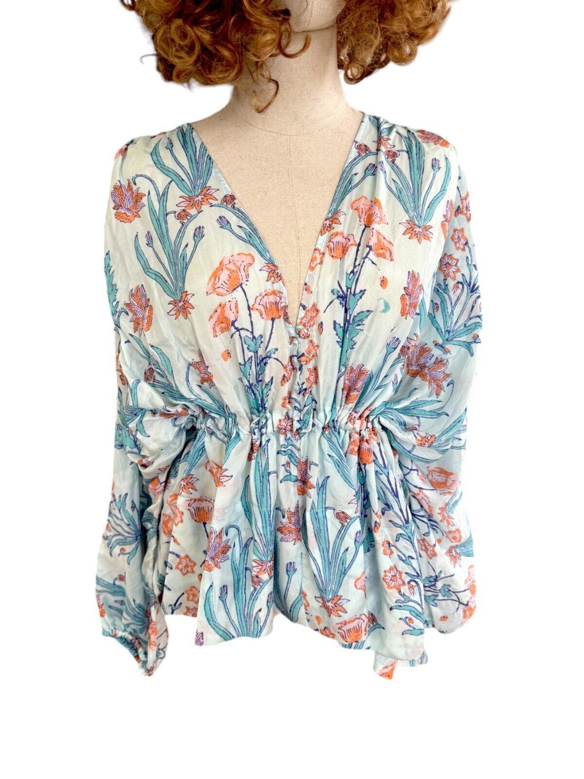 HANNAH ARTWEAR Blue Florence Silk Blouse | Tie Waist, Puff Sleeves, Silk, Floral