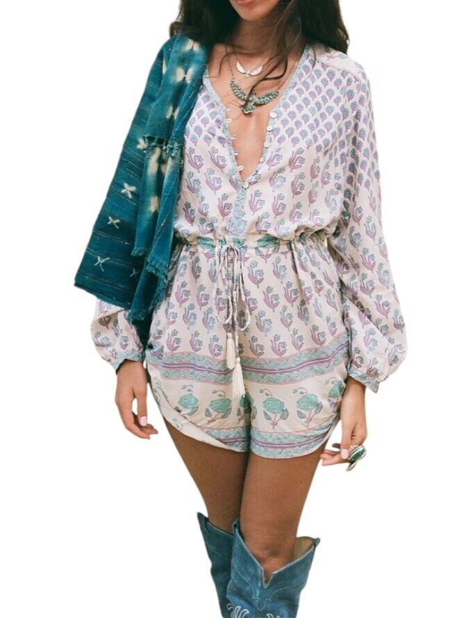 Spell & the Gypsy Collective |Bohemian Royale Playsuit, White/Blue Floral, Sz XS