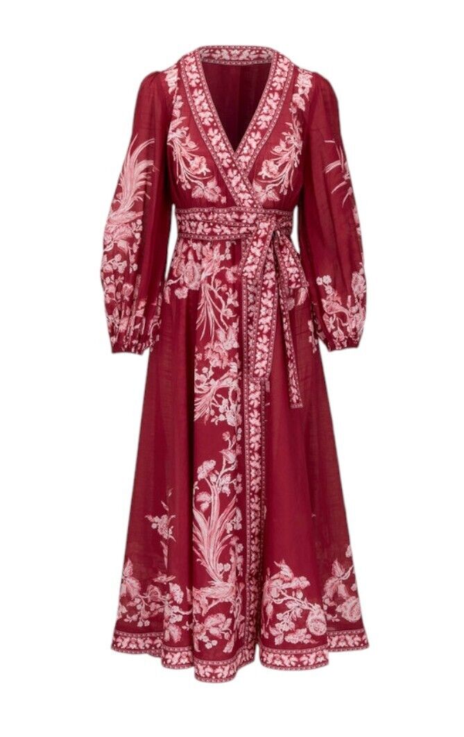 Zimmermann Tiggy Wrap Midi Dress | Red Floral/Bird Print, Puff Sleeves, Cotton