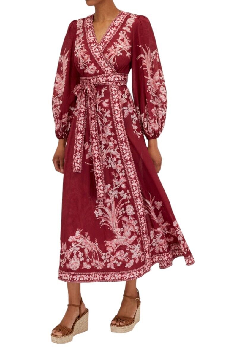 Zimmermann Tiggy Wrap Midi Dress | Red Floral/Bird Print, Puff Sleeves, Cotton