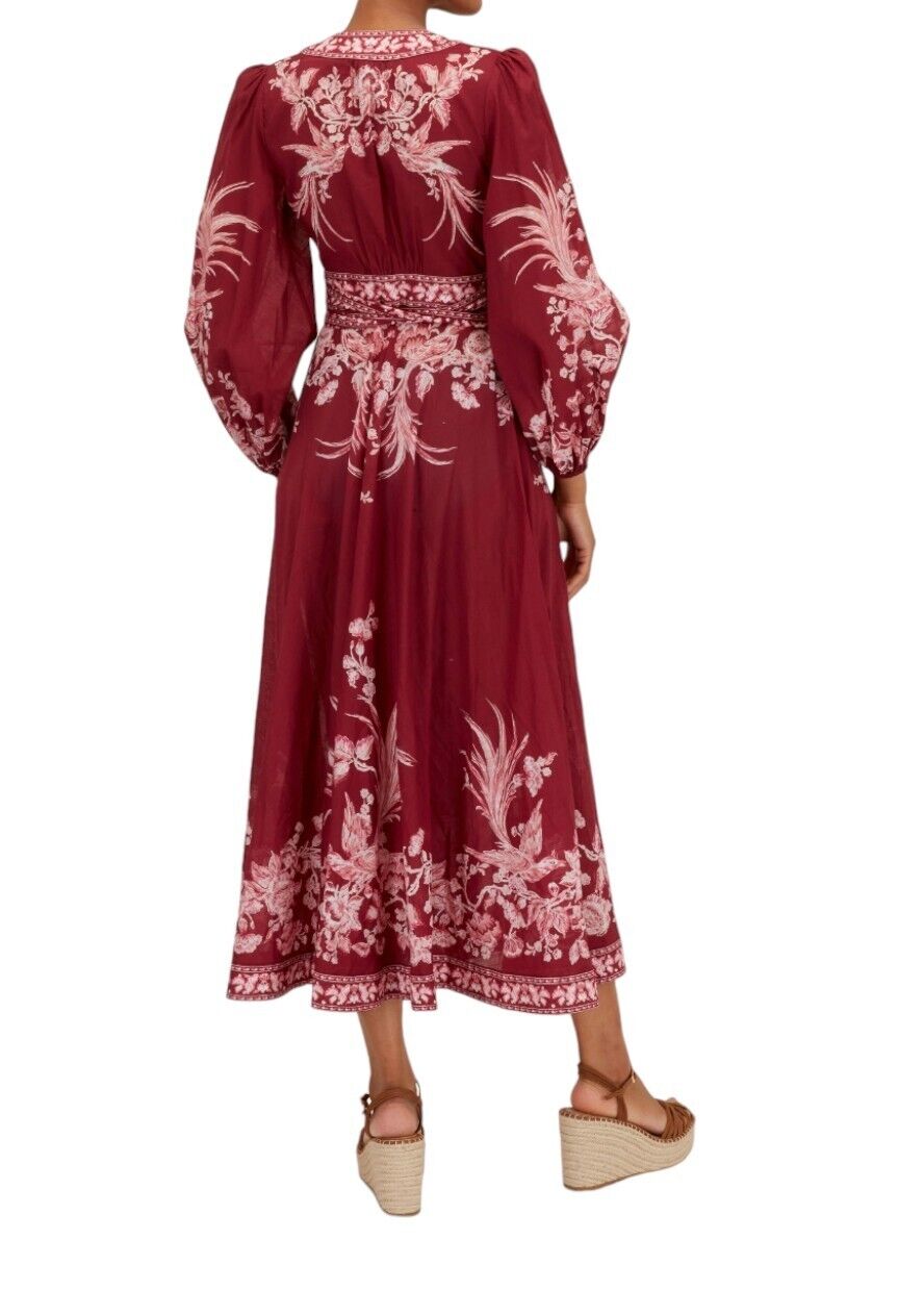 Zimmermann Tiggy Wrap Midi Dress | Red Floral/Bird Print, Puff Sleeves, Cotton