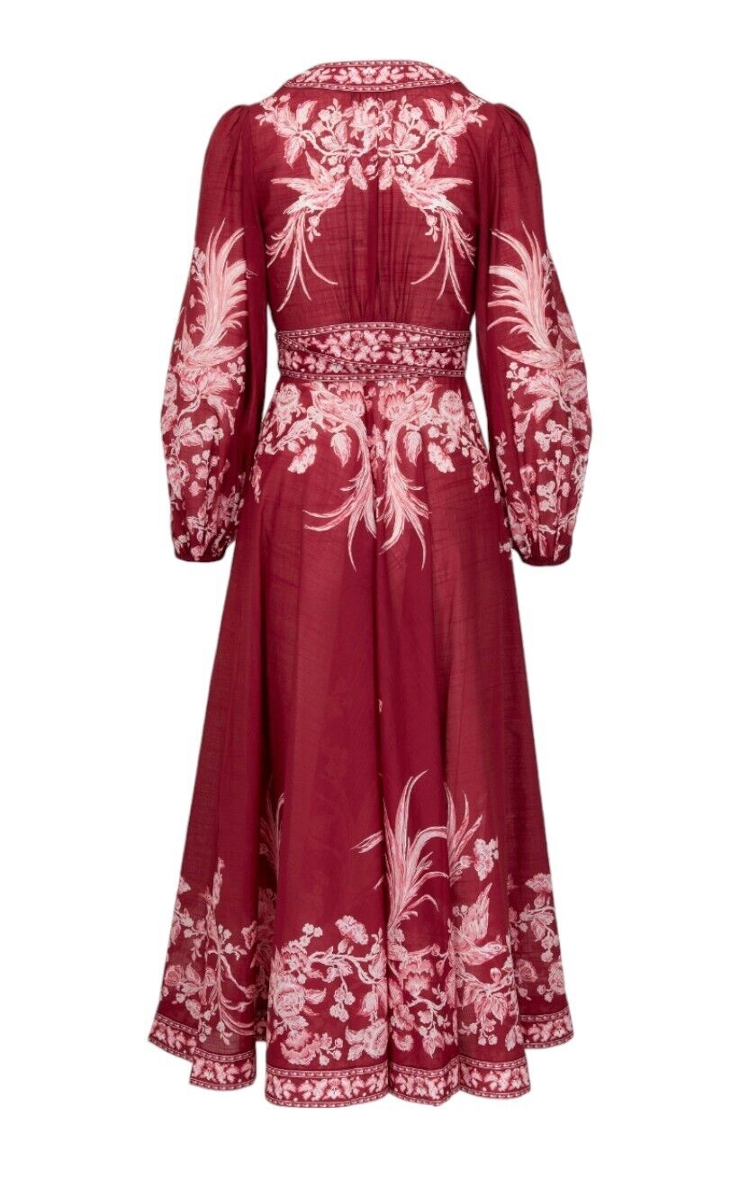 Zimmermann Tiggy Wrap Midi Dress | Red Floral/Bird Print, Puff Sleeves, Cotton