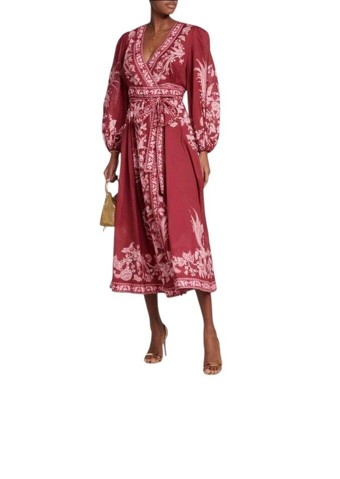 Zimmermann Tiggy Wrap Midi Dress | Red Floral/Bird Print, Puff Sleeves, Cotton